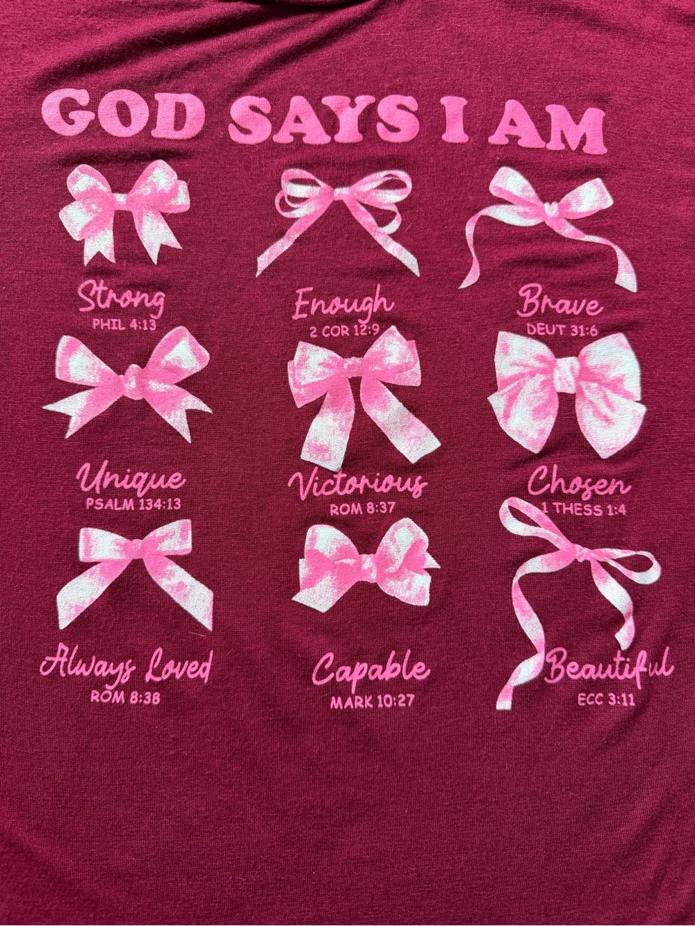 Ragdoll Burgundy  & Pink Ribbon Bow Graphic Tee - 'God Says I Am'. Size L - Picture 2 of 7